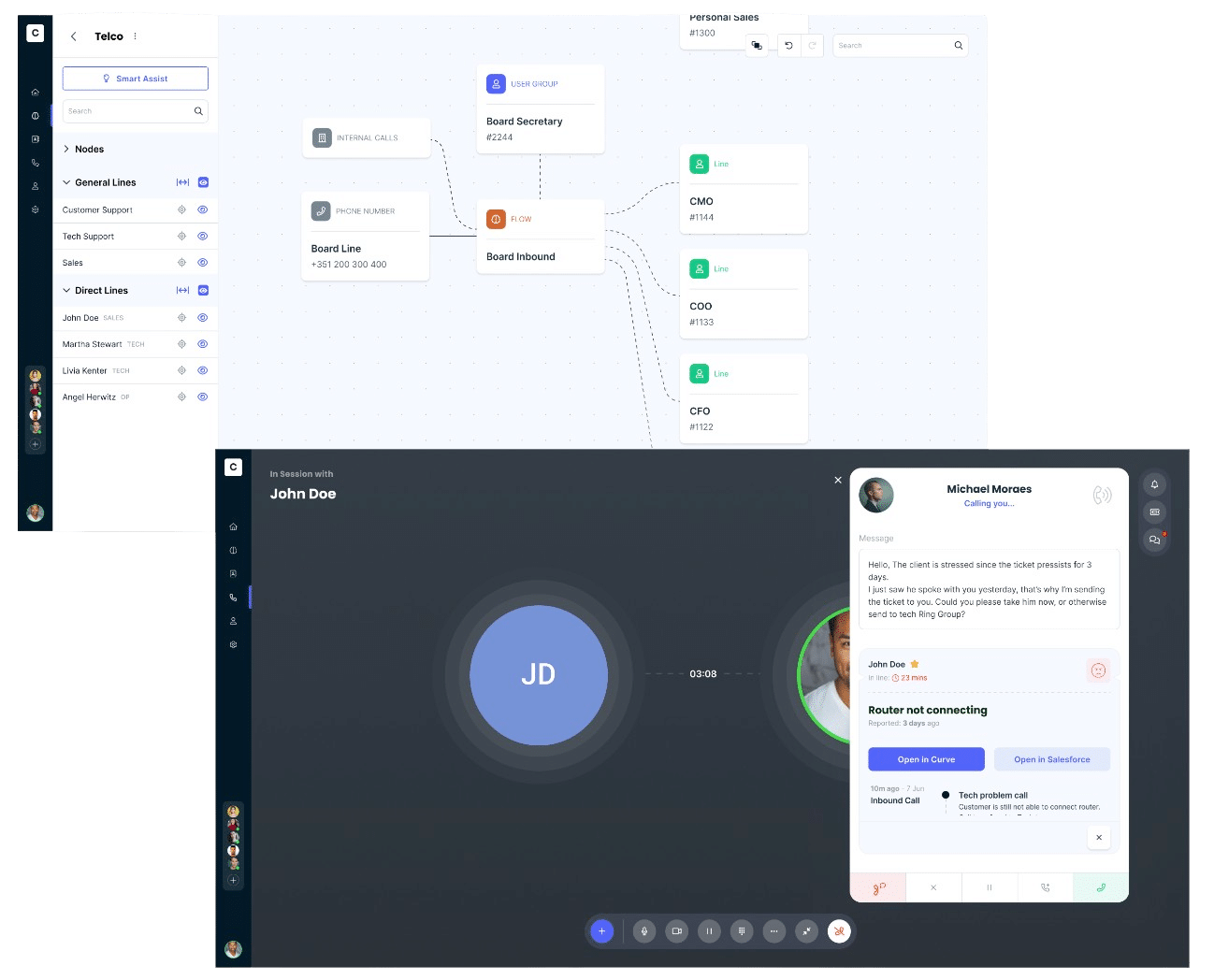 Product screens for Curve – versatile communication hub for SME and corporate managers, offering a seamless Contact Centre and Internal Communication system that integrates with your CRM.